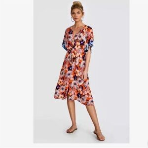 JOHNNY WAS JADE DEEPIKA MIDI TIE FRONT SILK FLORAL DRESS Small